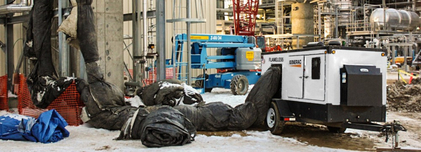 photo of a Generac mobile heater on an outdoor industrial construction site aligning to the mobile heater owners manual